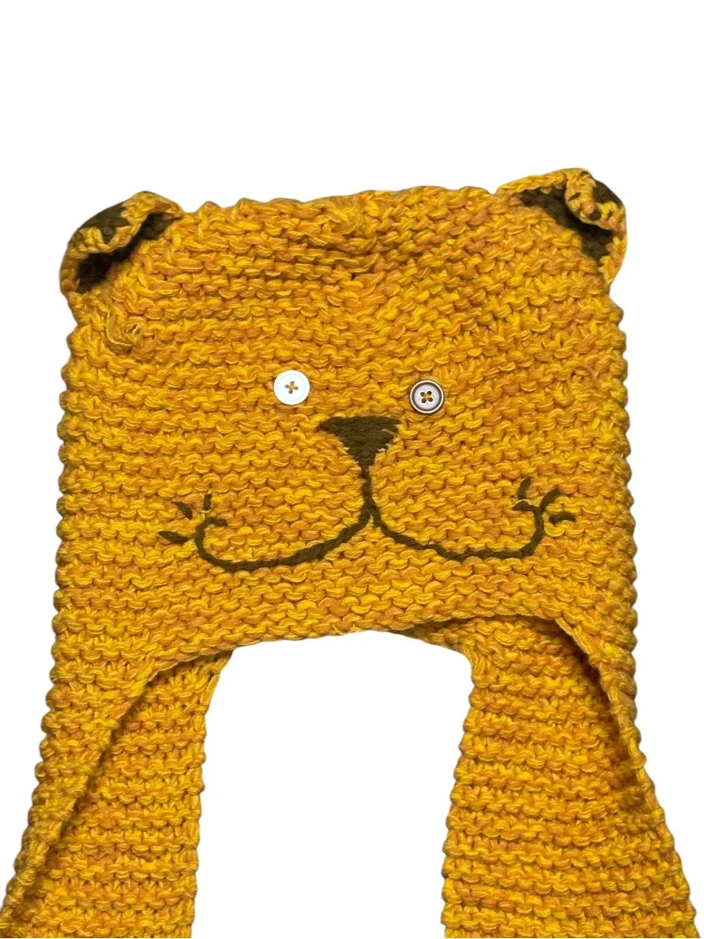 Vintage Chunky Knit Yellow Cat Lion Animal Earflap Beanie Chullo Hat Pom Pom
